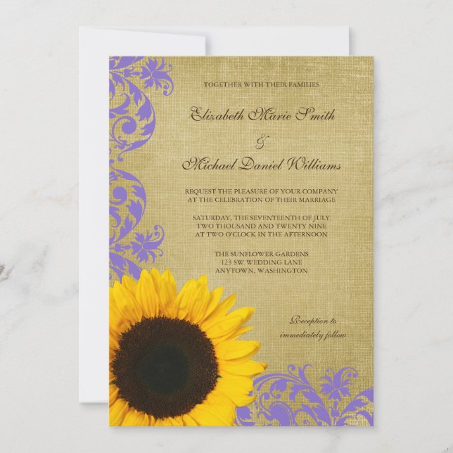 Rustic Sunflower Lavender Swirls Wedding Invitation (Front)