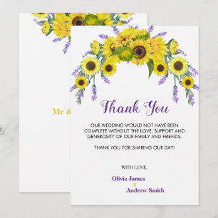 Rustic Sunflower & Lavender Wreath Wedding Thank You Card