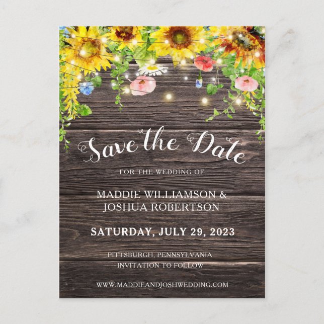RUSTIC SUNFLOWER LIGHTS BARNWOOD SAVE THE DATE POSTCARD (Front)