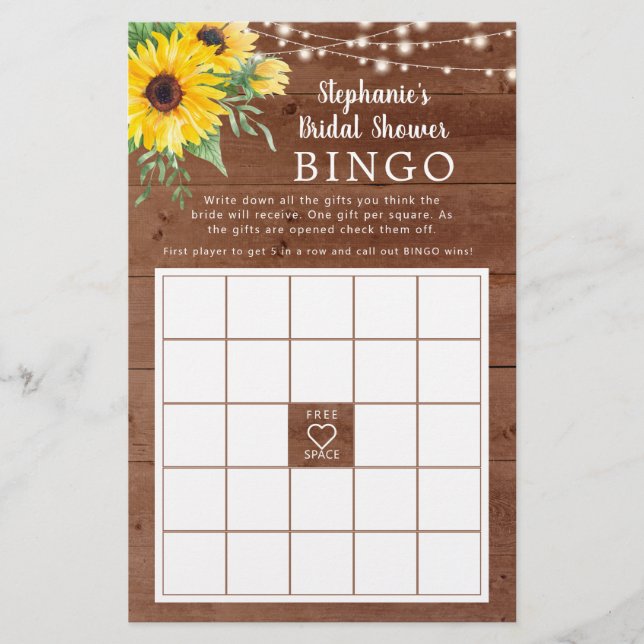Rustic Sunflower Lights Bridal Shower Bingo Game (Front)