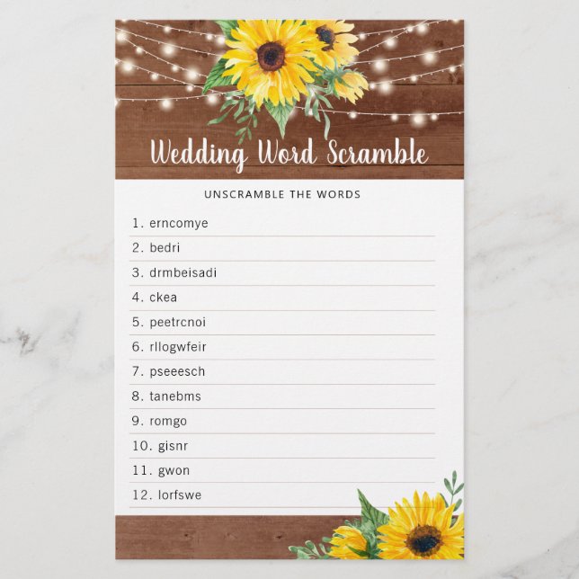 Rustic Sunflower Lights Bridal Shower Word Game (Front)