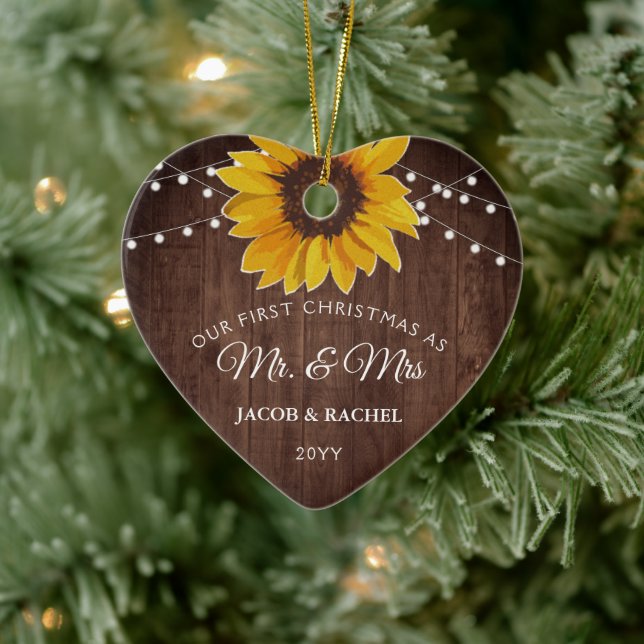 Rustic Sunflower Lights First Christmas Mr. & Mrs. Ceramic Tree Decoration (Tree)