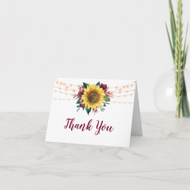 Rustic Sunflower Lights Floral Bridal Shower Thank You Card (Front)