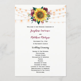 Rustic Sunflower Lights Floral Wedding Programme