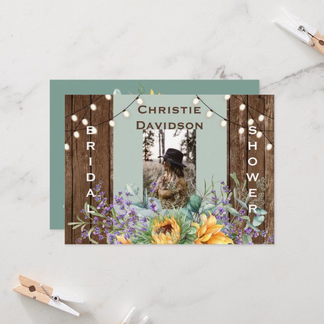 Rustic Sunflower Lights Photo Bridal Shower Invitation (Front/Back In Situ)