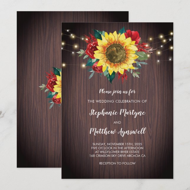 Rustic Sunflower Lights Red Floral Wedding Invitation (Front/Back)
