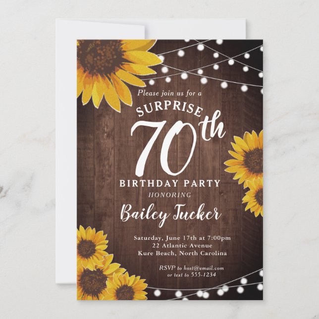 Rustic Sunflower & Lights Surprise 70th Birthday Invitation (Front)