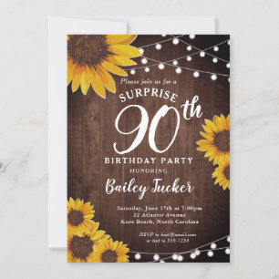 Rustic Sunflower & Lights Surprise 90th Birthday Invitation
