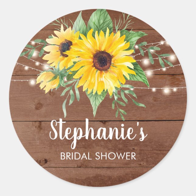 Rustic Sunflower Lights Wood Bridal Shower Classic Round Sticker (Front)