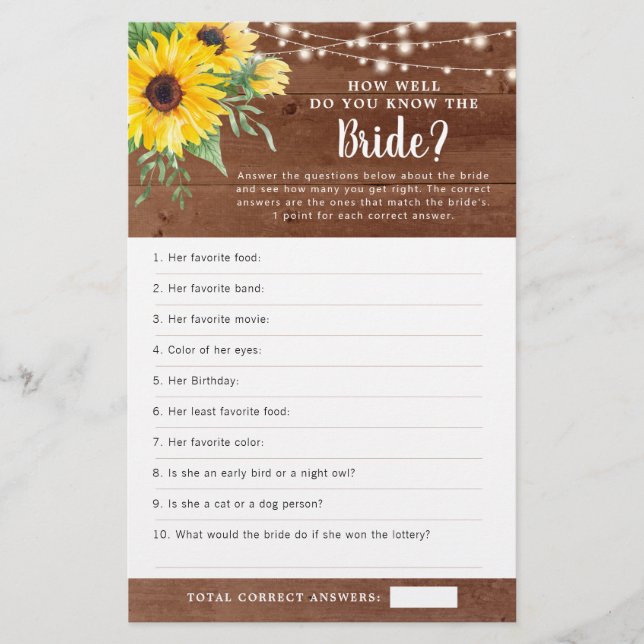 Rustic Sunflower Lights Wood Bridal Shower Game (Front)
