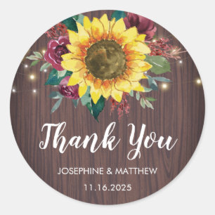 Rustic Sunflower Lights Wood Thank You Classic Round Sticker