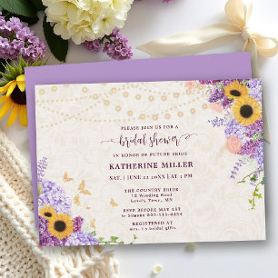 Rustic Sunflower Lilac Beige Linen Bridal Shower Invitation