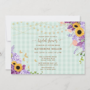 Rustic Sunflower Lilac Green Gingham Bridal Shower Invitation