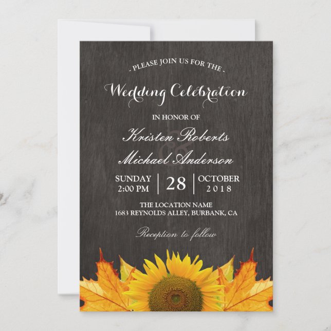 Rustic Sunflower Maple Leaves Wedding Celebration Invitation (Front)