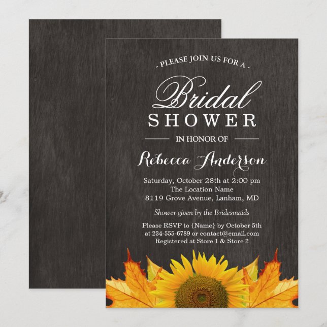 Rustic Sunflower Maple Leaves Wood | Bridal Shower Invitation (Front/Back)