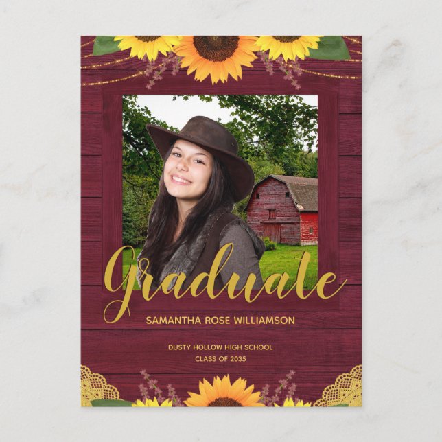 Rustic Sunflower Maroon and Gold Photo Graduation Announcement Postcard (Front)