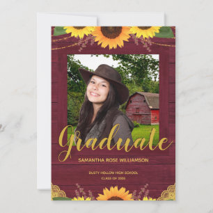 Rustic Sunflower Maroon Gold 2 Photo Graduation Announcement