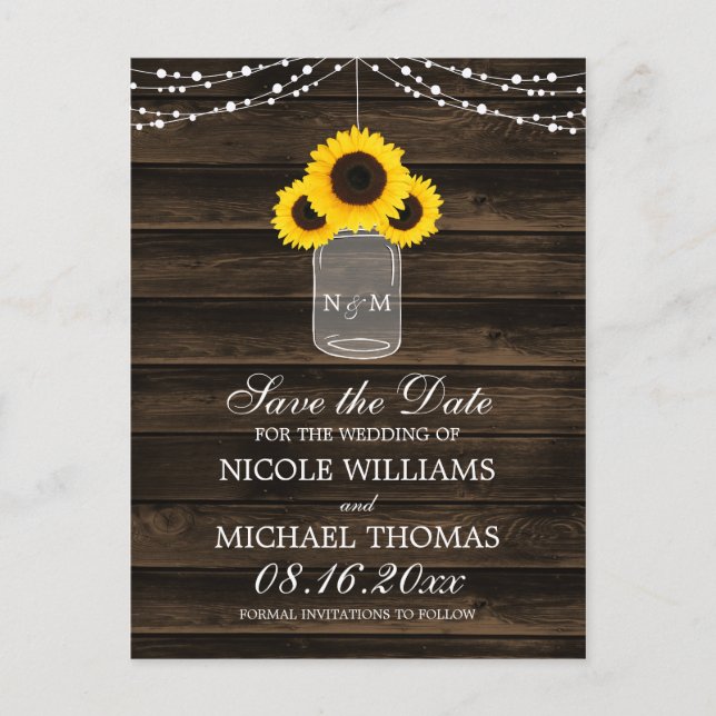 Rustic Sunflower Mason Jar Barn Wood Save the Date Announcement Postcard (Front)