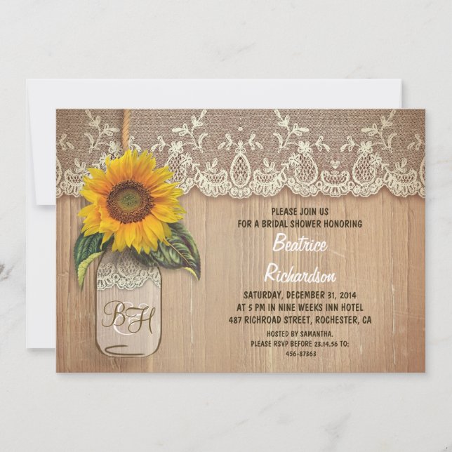 rustic sunflower mason jar bridal shower invitation (Front)