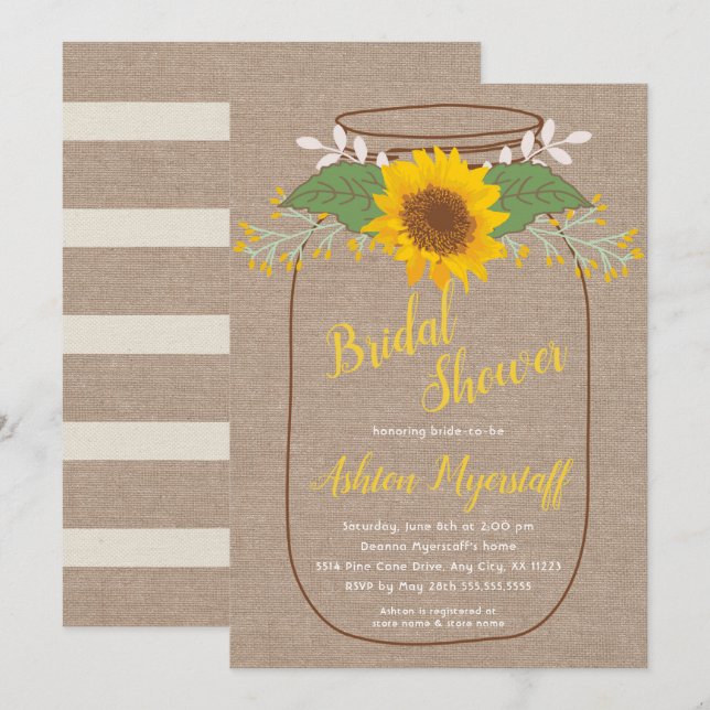 Rustic Sunflower Mason jar bridal shower invites (Front/Back)