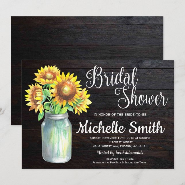 Rustic Sunflower Mason Jar Country Bridal Shower Invitation (Front/Back)