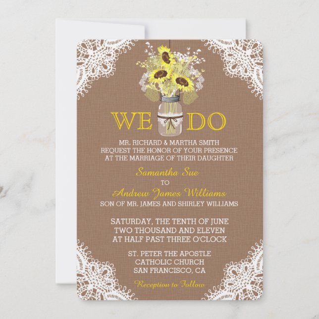 Rustic Sunflower Mason Jar Lace Wedding Invitation (Front)