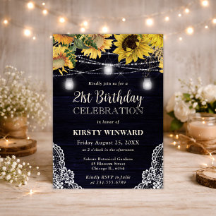 Rustic Sunflower & Mason Jar Lights 21st Birthday Invitation