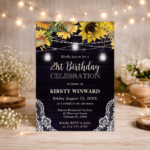 Rustic Sunflower & Mason Jar Lights 21st Birthday Invitation