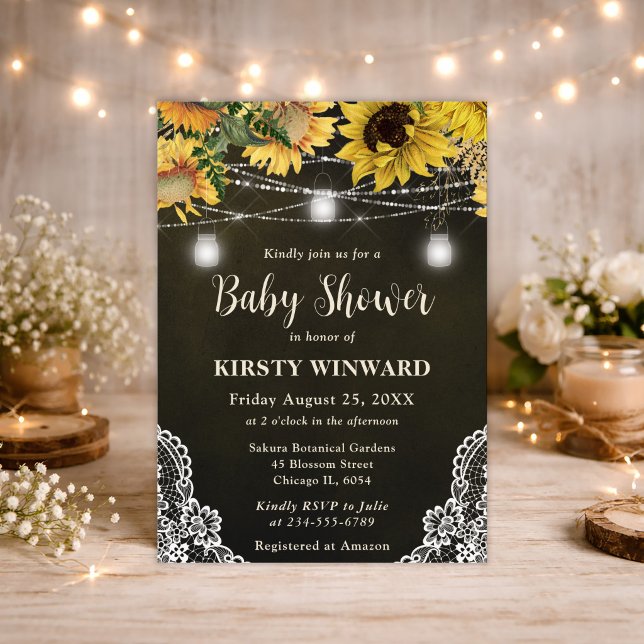 Rustic Sunflower & Mason Jar Lights Baby Shower Invitation (Creator Uploaded)
