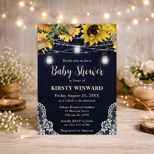 Rustic Sunflower & Mason Jar Lights Baby Shower Invitation