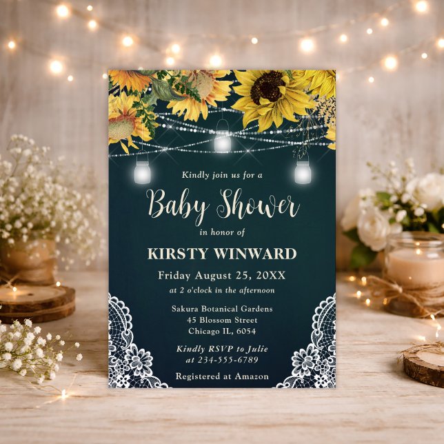 Rustic Sunflower & Mason Jar Lights Baby Shower Invitation (Creator Uploaded)