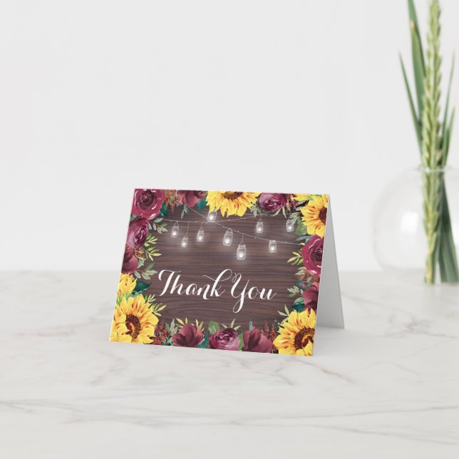 Rustic Sunflower Mason Jar Lights Floral Wedding Thank You Card (Front)