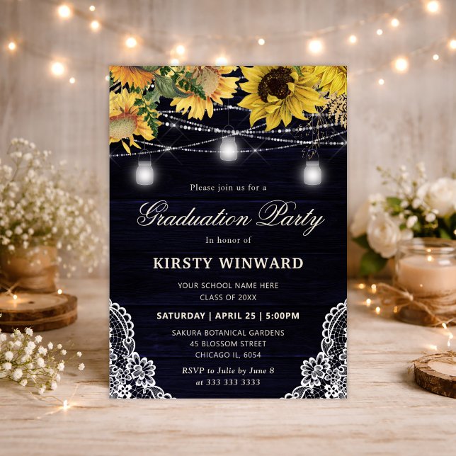Rustic Sunflower & Mason Jar Lights Graduation Invitation (Creator Uploaded)