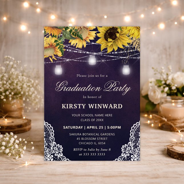 Rustic Sunflower & Mason Jar Lights Graduation Invitation (Creator Uploaded)