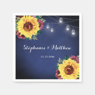 Rustic Sunflower Mason Jar Lights Navy Wedding Napkin