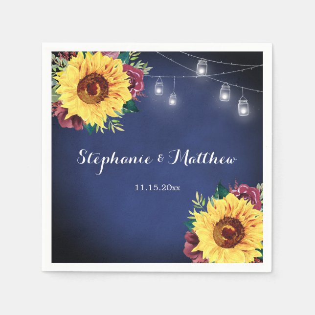 Rustic Sunflower Mason Jar Lights Navy Wedding Napkin (Front)