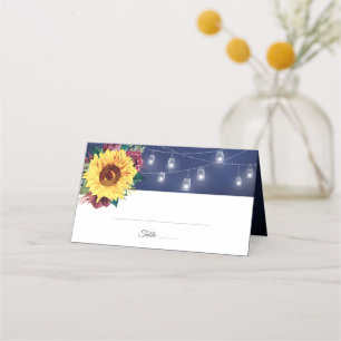 Rustic Sunflower Mason Jar Lights Navy Wedding Place Card