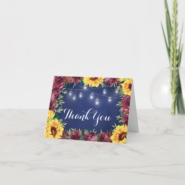 Rustic Sunflower Mason Jar Lights Navy Wedding Thank You Card (Front)