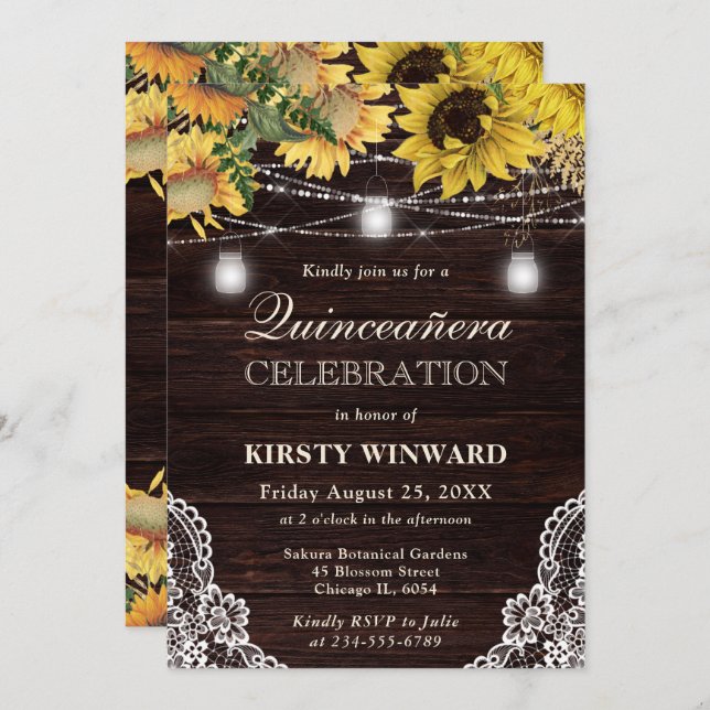 Rustic Sunflower & Mason Jar Lights Quinceanera Invitation (Front/Back)