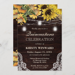 Rustic Sunflower & Mason Jar Lights Quinceanera Invitation