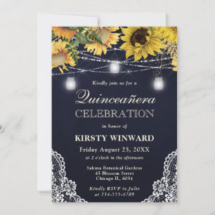 Rustic Sunflower & Mason Jar Lights Quinceanera Invitation
