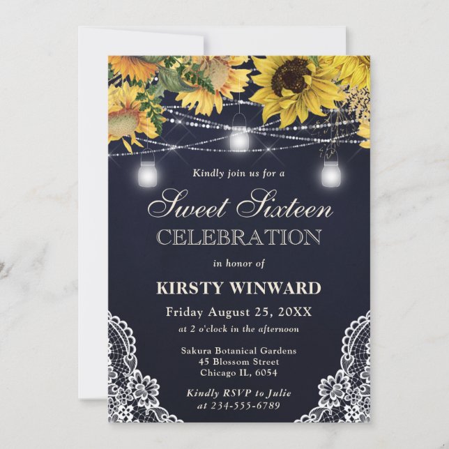 Rustic Sunflower & Mason Jar Lights Sweet 16 Invitation (Front)