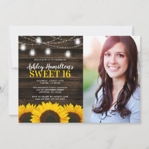Rustic Sunflower Mason Jar Lights Sweet 16 Photo Invitation