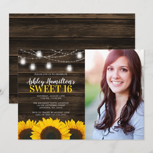 Rustic Sunflower Mason Jar Lights Sweet 16 Photo Invitation (Front/Back)
