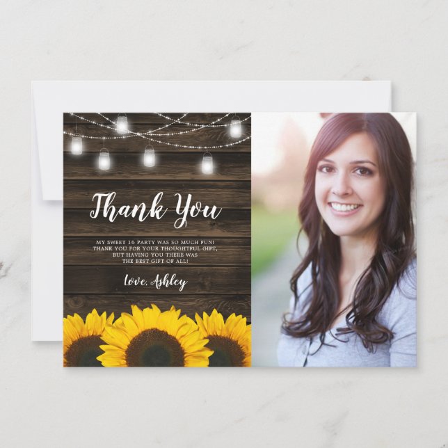 Rustic Sunflower Mason Jar Lights Sweet 16 Photo Thank You Card (Front)