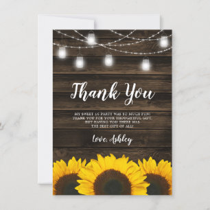 Rustic Sunflower Mason Jar Lights Sweet 16 Thank You Card