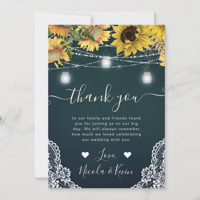 Rustic Sunflower & Mason Jar Lights Wedding Thank You Card (Front)