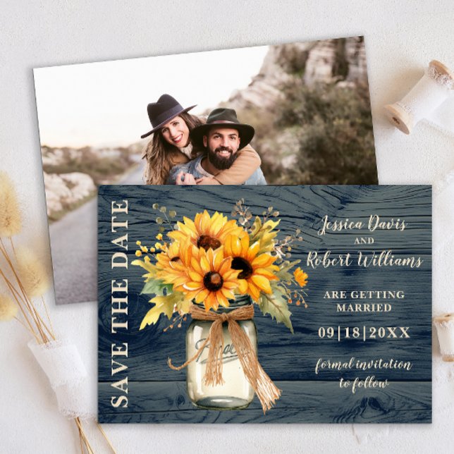 Rustic Sunflower Mason Jar Save the Date Card (rustic sunflower string lights save the date photo card)