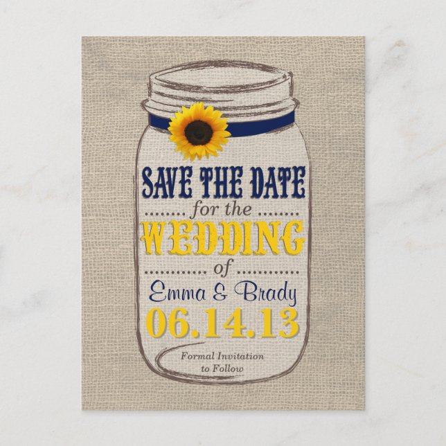 Rustic Sunflower & Mason Jar Save the Date Navy Announcement Postcard (Front)