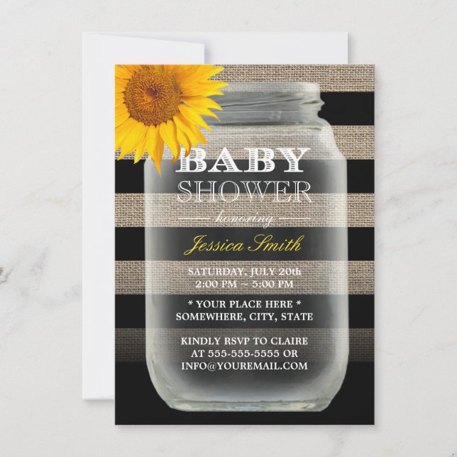 Rustic Sunflower Mason Jar & Stripes Baby Shower Invitation (Front)